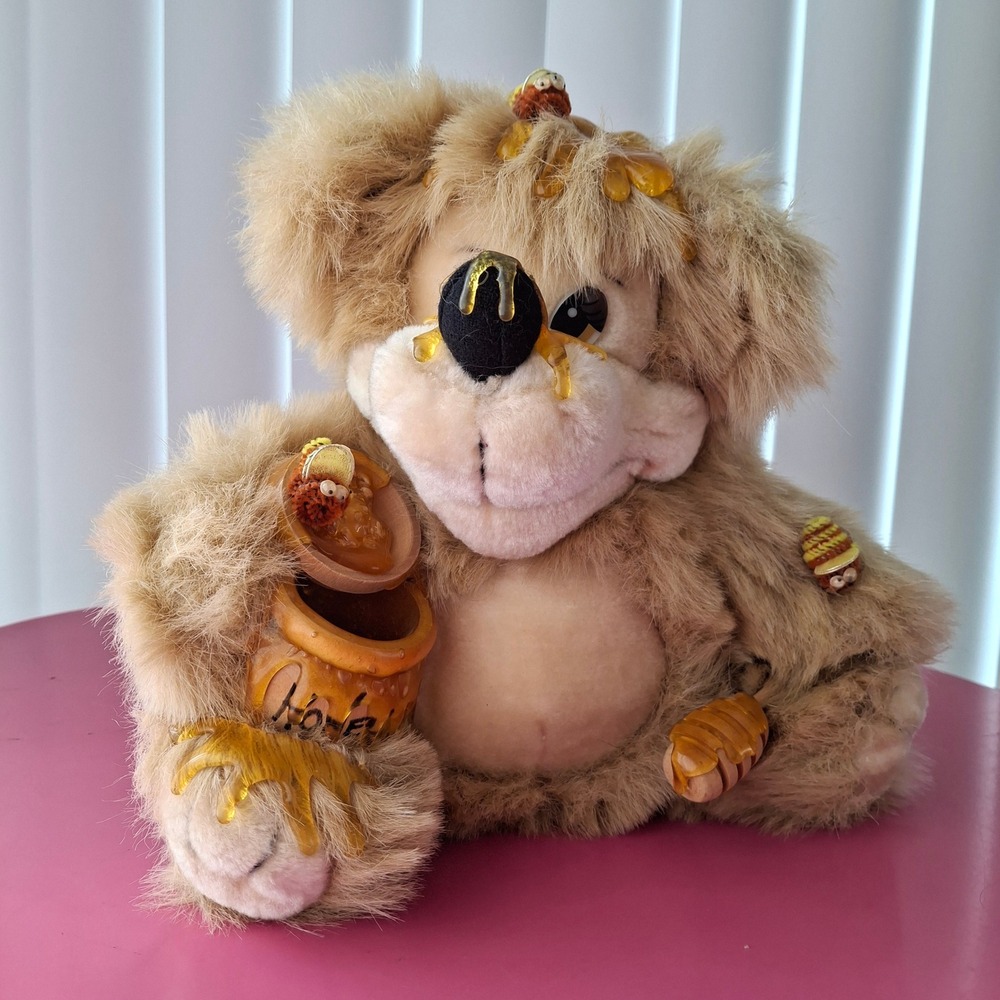 Vintage 1994 Orzek Honey Bear Plush Bumblebees Honey Pot Stuffed Animal Bee